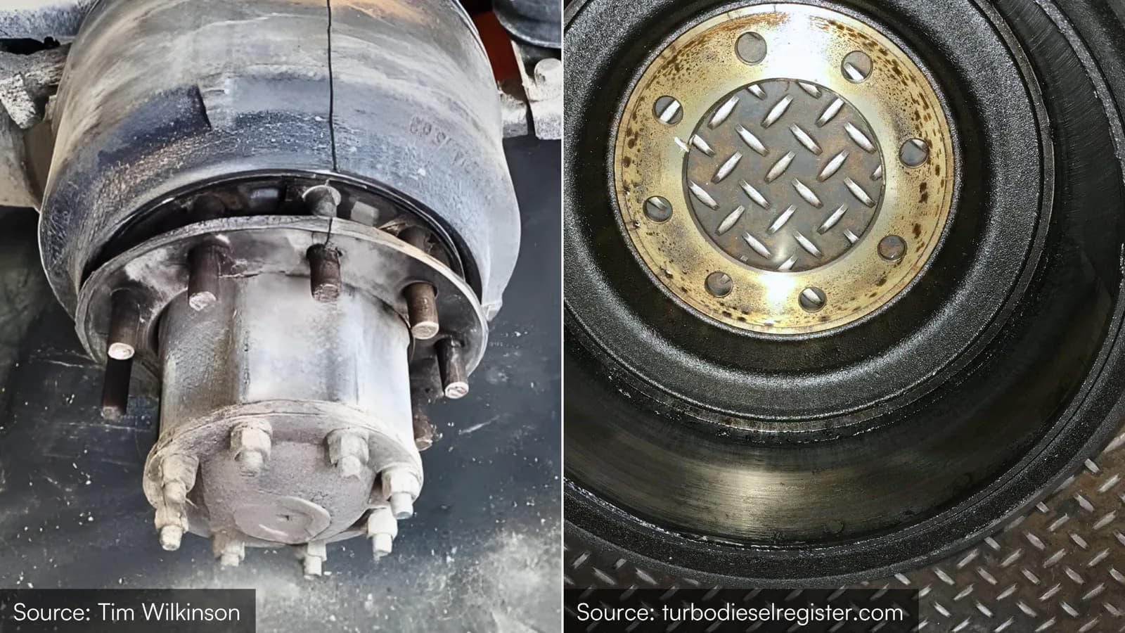 A severely cracked brake drum beside a grease-contaminated brake drum — both out-of-service conditions