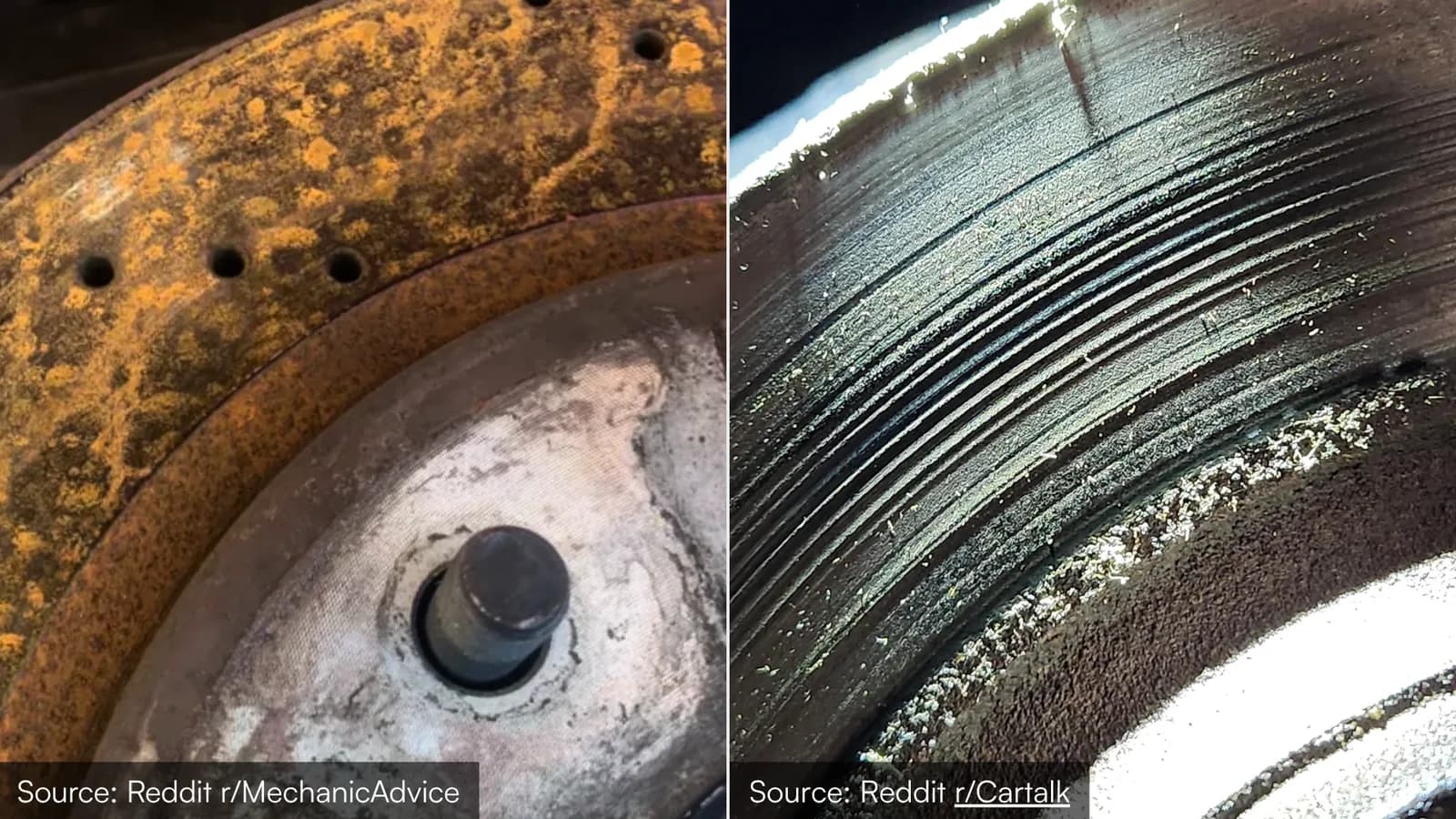 Heavily rusted and critically grooved brake rotors that need immediate replacement