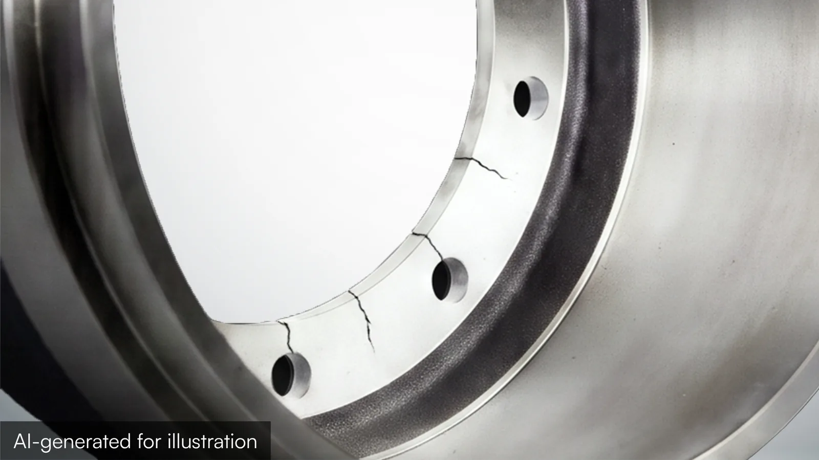A brake drum with a large structural crack caused by thermal shock