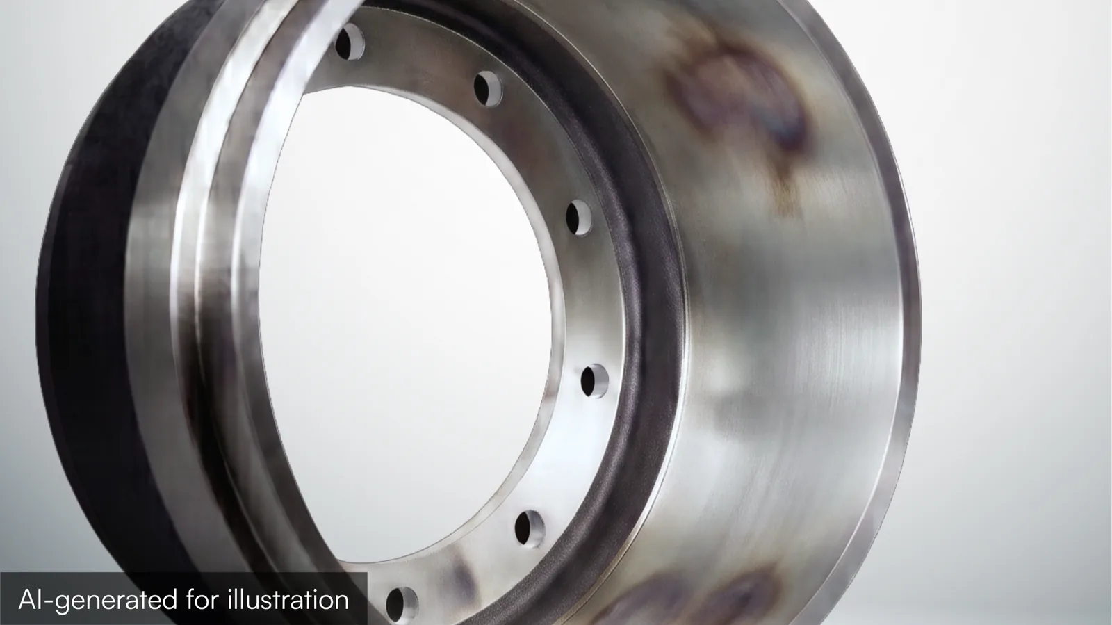 Blue-black thermal hard spots on a brake drum friction surface from rapid heating and quenching