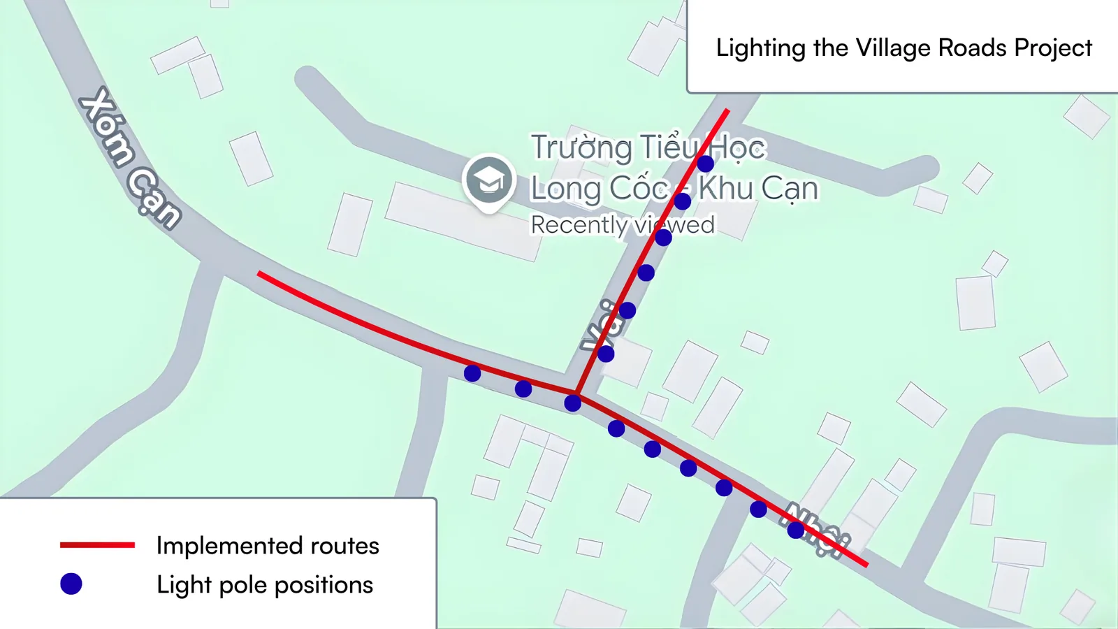 Map of the Lighting the Village Roads project showing 15 solar light pole positions across three roads in Long Coc