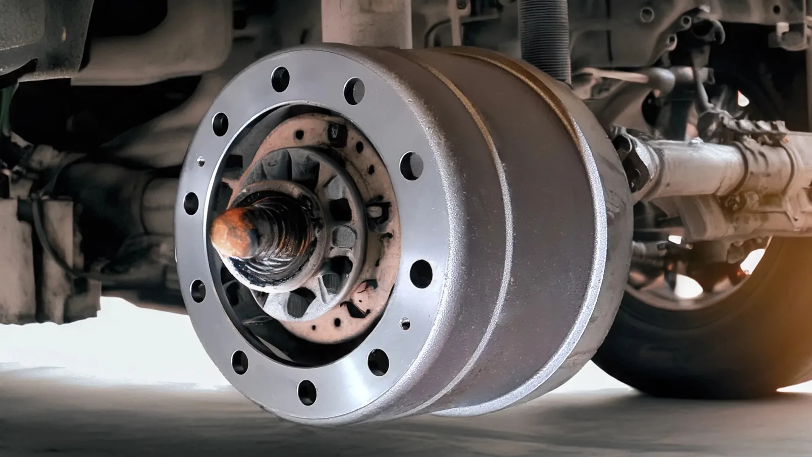 Drum brake and hub assembly on a commercial vehicle rear axle