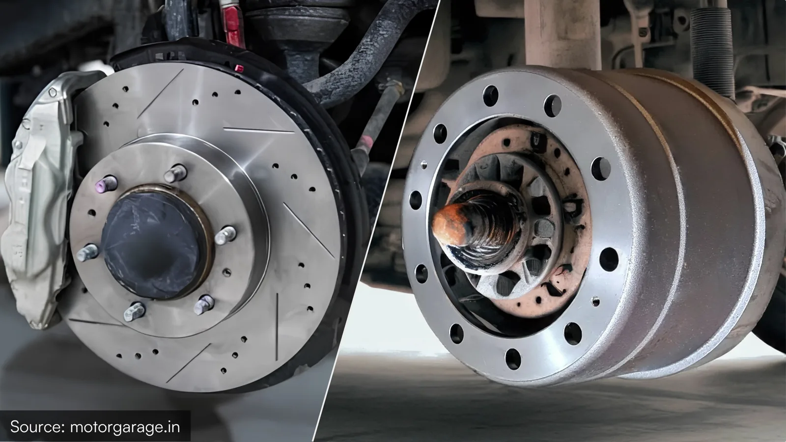 Disc brake with exposed rotor and caliper next to an enclosed drum brake on a commercial vehicle axle